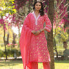 Dhiyona VR Women's Pink V Neck Crochet Lace Detailed Kurta With Printed Bottom And Dupatta