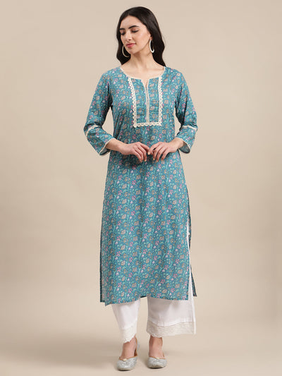 Indyancart VR Women's Blue Floral Printed Lace Embellished Kurta With 3/4Th Sleeves