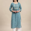 Dhiyona VR Women's Blue Floral Printed Lace Embellished Kurta With 3/4Th Sleeves