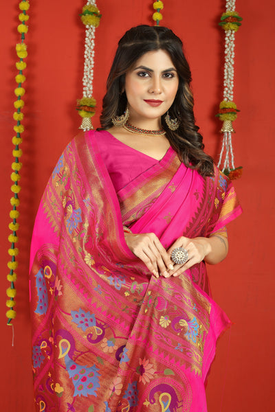 Indyancart GR Women's Fancy Mor Hot Pink Zari Paithani Silk Saree