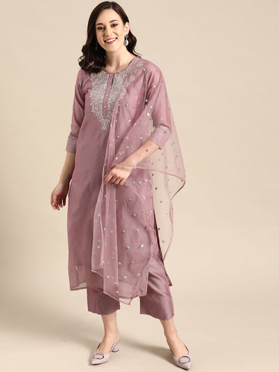 Indyancart VR Women's Mauve Floral Embroidered Regular Chanderi Silk Kurta With Trousers & With Dupatta