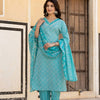 Dhiyona VR Women's Blue V Neck Thread Embroidered Kurta Paired With Printed Bottom And Dupatta
