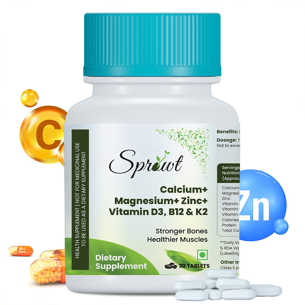 Sprowt Calcium Magnesium Zinc Vitamin D3, B12 & K2 Tablets - Indyancart