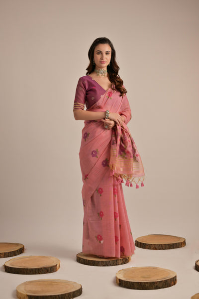 Indyancart GR Women's Arisaa Pink Muga Cotton Saree