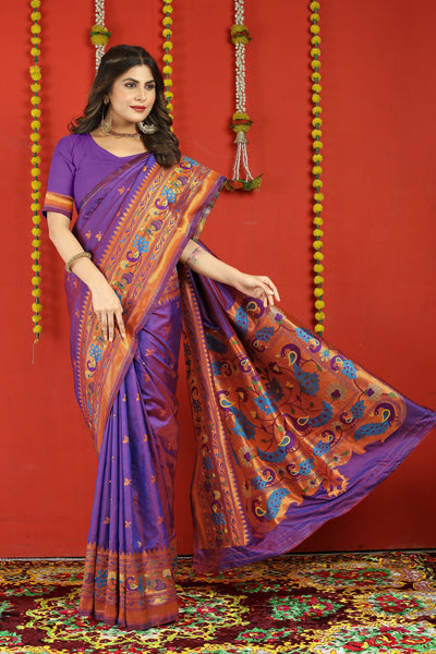 Indyancart GR Women's Fancy Mor Purple Zari Paithani Silk Saree