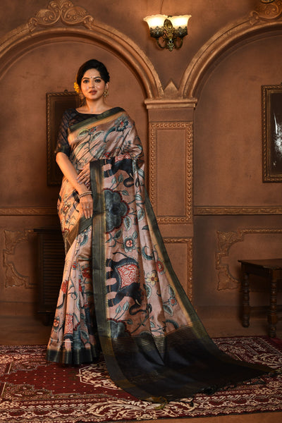 Indyancart GR Women's Cream & Black Soft Ghicha Tussar Silk Saree with Beautiful Kalamkari Printed Work