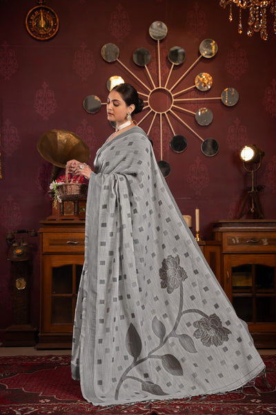 Indyancart GR Women's Maitri Grey Linen Woven Saree