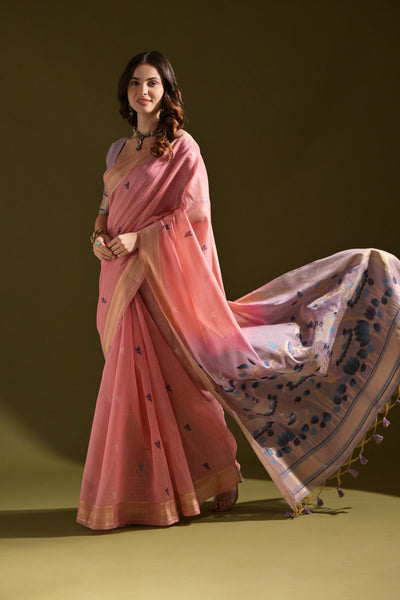 Indyancart GR Women's Siara Pink Muga Cotton Saree
