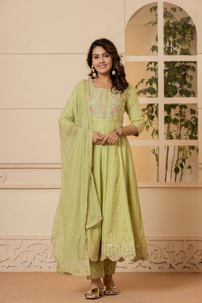 Indyancart VR Women's Lime Green Mirror And Thread Embroidered,Gotta Embellished Scalloped Schiffli Anarkali Kurta Paired Wirh Printed Bottom And Embroidered Dupatta
