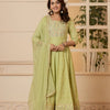 Dhiyona VR Women's Lime Green Mirror And Thread Embroidered,Gotta Embellished Scalloped Schiffli Anarkali Kurta Paired Wirh Printed Bottom And Embroidered Dupatta