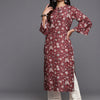 Dhiyona VR Women's Maroon Floral Printed Straight Kurta With Flared Sleeves
