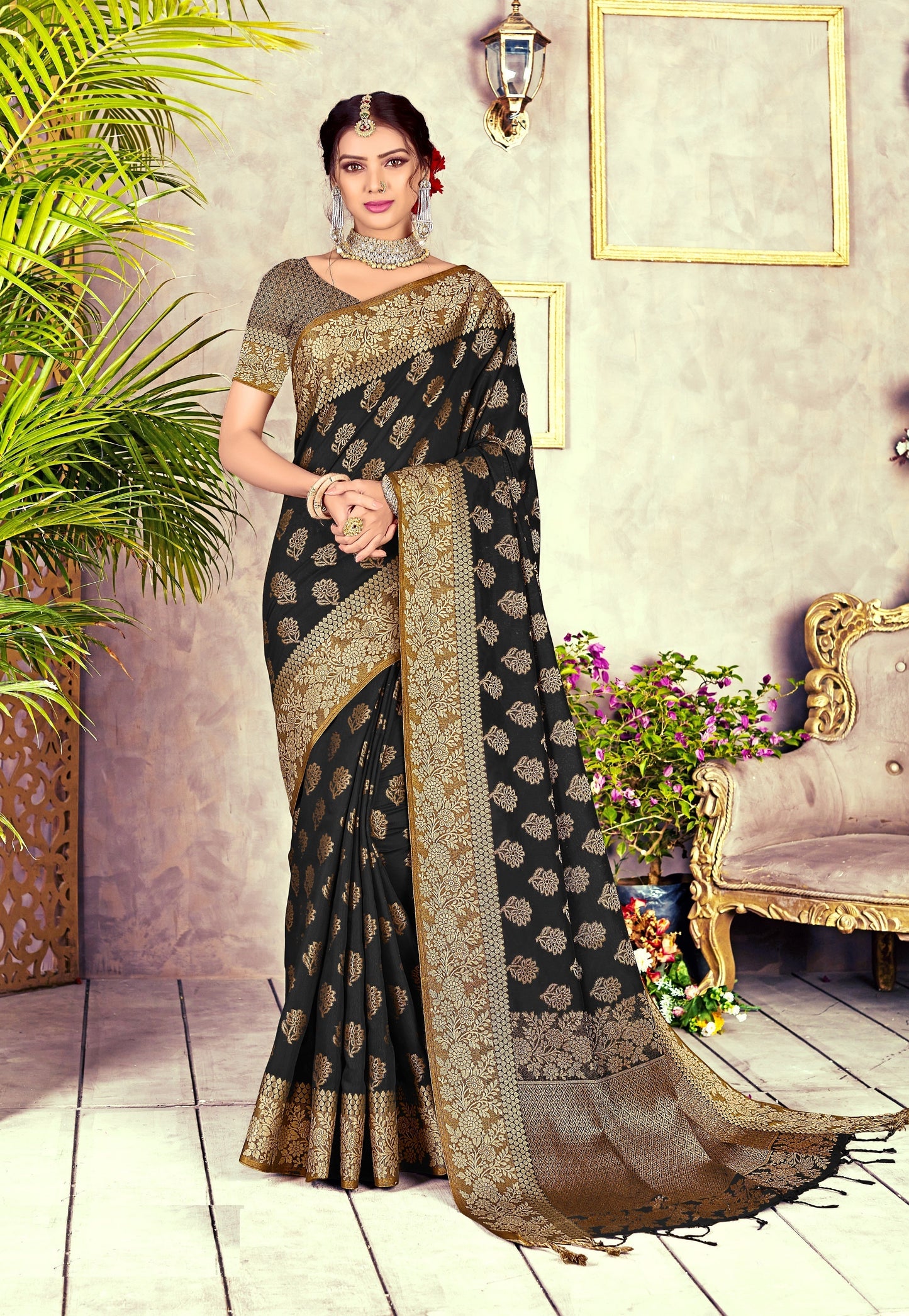 Dhiyona GR Women's Black Diamond Crow Black Zari Woven Design Cotton Blend Saree