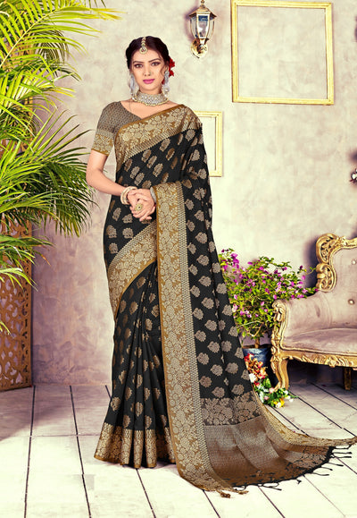 Indyancart GR Women's Black Diamond Crow Black Zari Woven Design Cotton Blend Saree