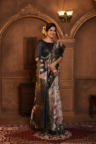 Indyancart GR Women's Cream & Black Soft Ghicha Tussar Silk Saree with Beautiful Kalamkari Printed Work