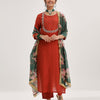 Dhiyona VR Women's Maroon & Silver Embroidered Straight Kurta With Solid Trouser And Printed Dupatta With Fringes