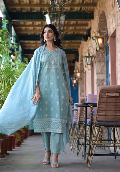 Indyancart VR Women's Sea Green Rubber Printed, Mirror Embellished Straight Kurta Paired With Bottom And Dupatta