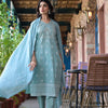 Dhiyona VR Women's Sea Green Rubber Printed, Mirror Embellished Straight Kurta Paired With Bottom And Dupatta