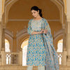 Dhiyona VR Women's Blue Round Neck Floral Printed Embroidered Kurta Paired With Bottom And Dupatta