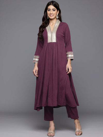Indyancart VR Women's Purple Zari Lace Embellished Yoke A-Line Kurta Set