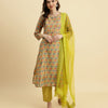 Dhiyona VR Women's Ikat Printed A-Line Mirror Embroidered Kurta Paired With Straight Trouser And Dupatta