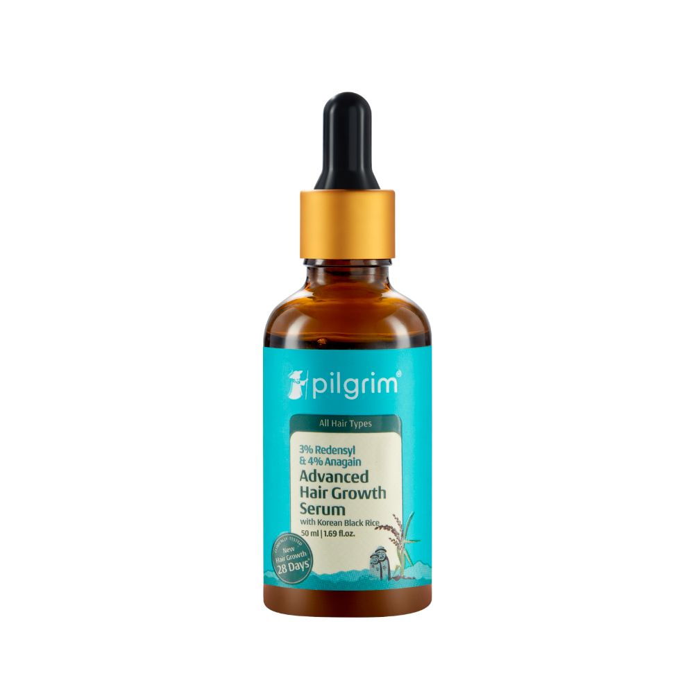 Pilgrim hair serum with 3% Redensyl and 4% Anagain, featuring Korean black rice for advanced hair growth, 50ml bottle