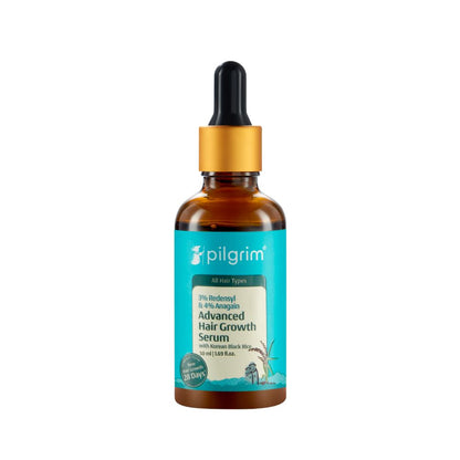 Pilgrim hair serum with 3% Redensyl and 4% Anagain, featuring Korean black rice for advanced hair growth, 50ml bottle