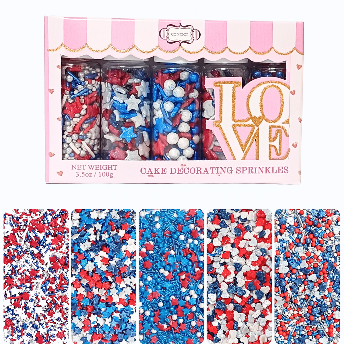 Confect Heart & Star Sprinkles | Pearls & Jimmies | Ultimate Avenger Patriotic Sprinkles