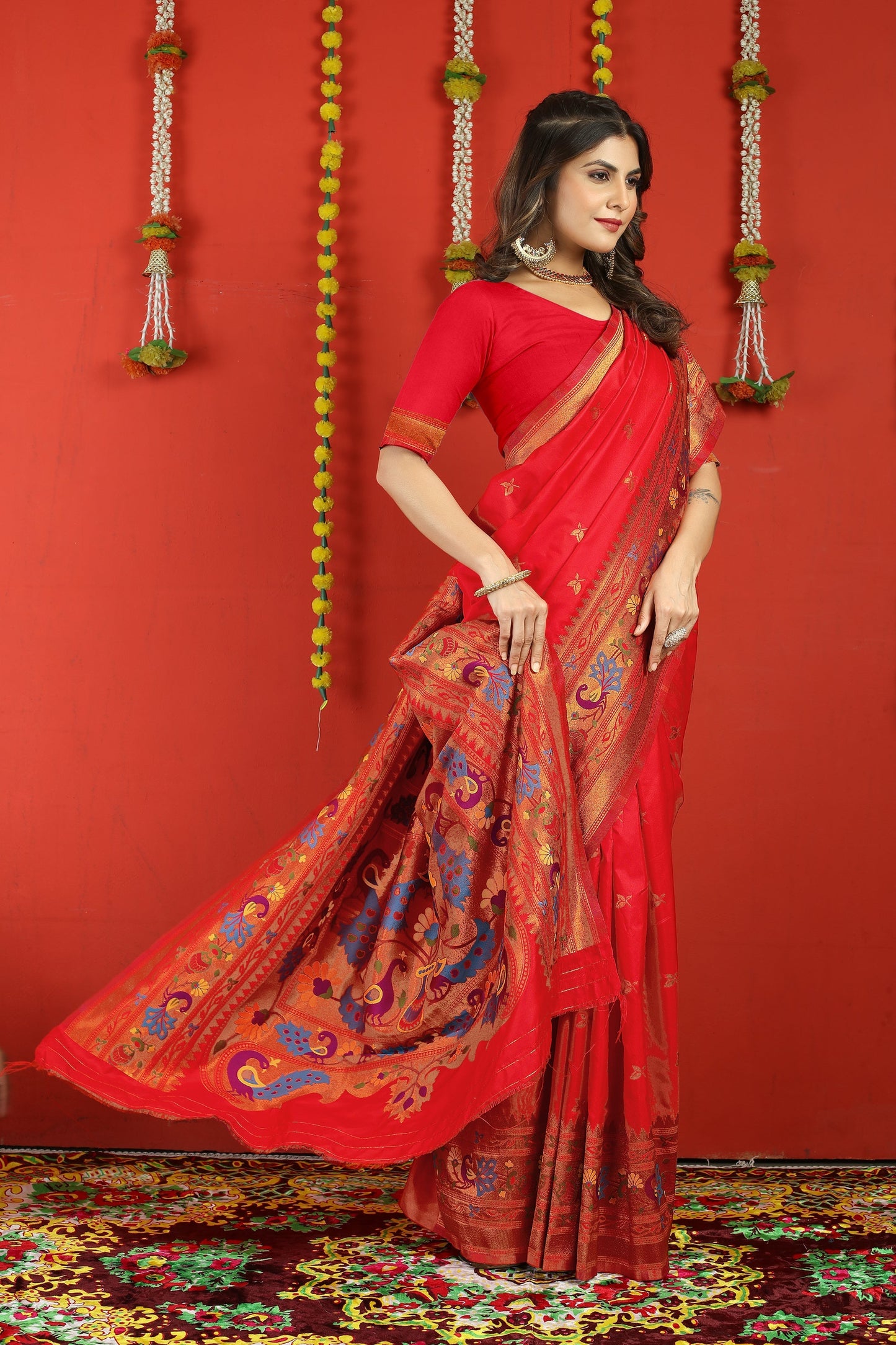 Dhiyona GR Women's Fancy Mor Red Zari Paithani Silk Saree