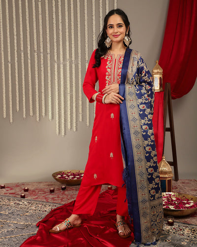 Indyancart VR Women's Red Placement Design Zari Embroidered Kurta With Three Quarter Sleeves Paired With Tonal Bottom And Contrast Printed Dupatta