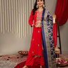 Dhiyona VR Women's Red Placement Design Zari Embroidered Kurta With Three Quarter Sleeves Paired With Tonal Bottom And Contrast Printed Dupatta