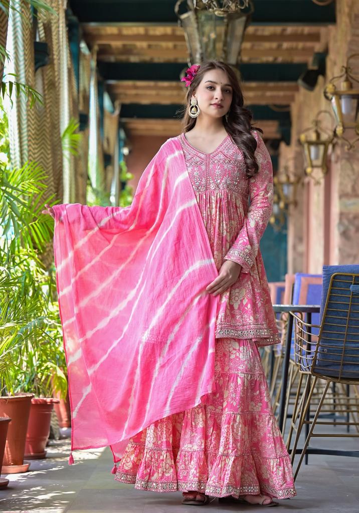 Indyancart VR Women's Pink Floral Printed Mirror Work Anarkali Kurta With Sharara And Dupatta
