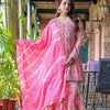Indyancart VR Women's Pink Floral Printed Mirror Work Anarkali Kurta With Sharara And Dupatta