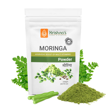 Krishna's Herbal & Ayurveda Moringa Powder in a jar, showcasing vibrant green herbal Ayurvedic powder for health and wellness.