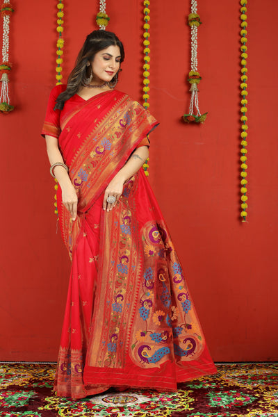 Indyancart GR Women's Fancy Mor Red Zari Paithani Silk Saree
