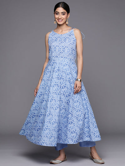 Indyancart VR Women's Blue Bandhani Printed Kurta Spaghetti Strap With Drawstring Paired With Tonal Printed Bottom