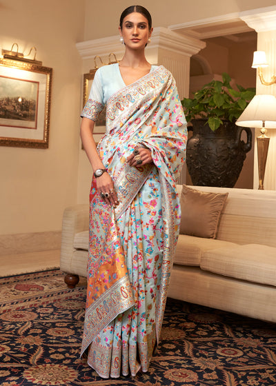 Indyancart GR Women's Kalista Ice Sky Woven Jamewar Kashmiri Banarasi Saree