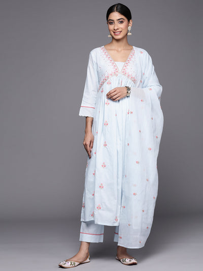 Indyancart VR Women's Blue Sequin And Thread Embroidered A-Line Kurta Paired With Tonal Bottom And Tonal Embroidered Dupatta
