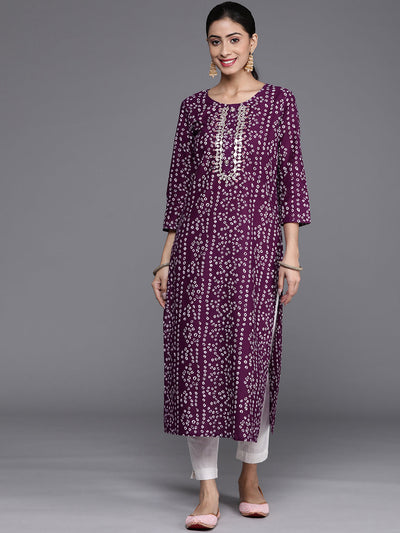 Indyancart VR Women's Purple & White Bandhani Printed Pure Cotton Kurta
