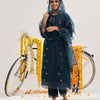 Dhiyona VR Women's Blue Embroidered Kurta Set Paired With Tonal Tand Dupattta