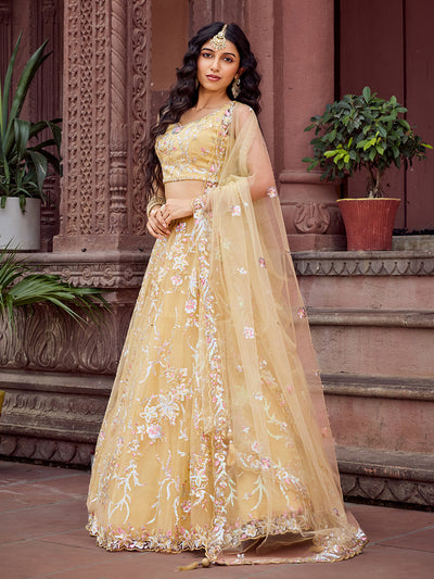 Yellow- Net Fabric Sequins embroidery Semi-Stitched Lehenga & Unstitched Blouse With Dupatta