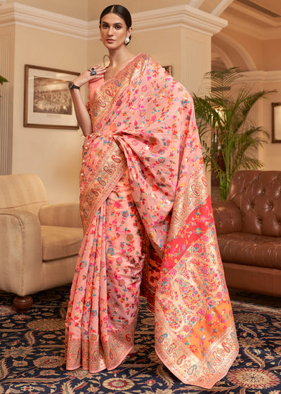 Indyancart GR Women's Kalista Peachy Pink Woven Jamewar Kashmiri Banarasi Saree