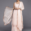 Dhiyona VR Women's Peach Embroidered Straight Kurta Paired With Contrast Bottom And Dupatta With Four Sided Fringes