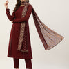 Women's Maroon Poly Crepe A-Line Kurta Set With Dupatta