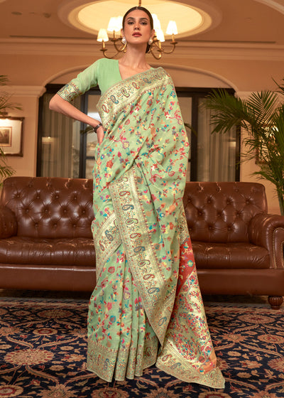 Indyancart GR Women's Kalista Pista Green Woven Jamewar Kashmiri Banarasi Saree