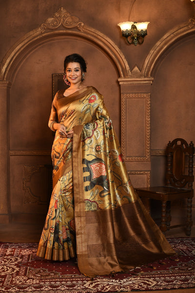 Indyancart GR Women's Gold & Brown Soft Ghicha Tussar Silk Saree with Beautiful Kalamkari Printed Work