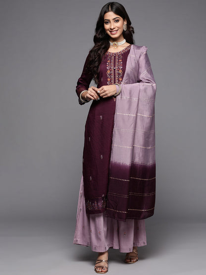 Indyancart VR Women's Embroidered Kurta Paired With Contrast Color Sharara And Dupatta