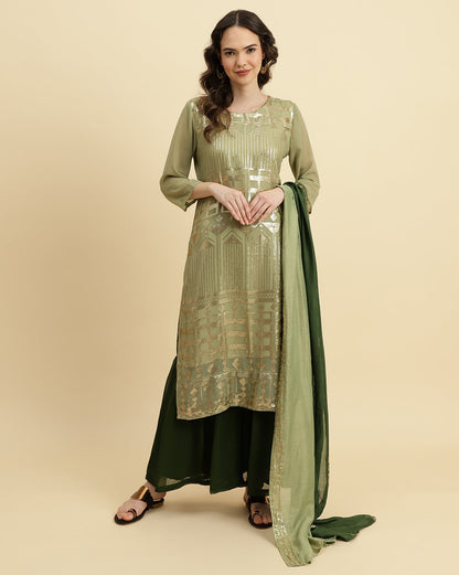 Indyancart VR Women's Green Sequened Kurta With Sharara And Sequened Ombre Dupatta