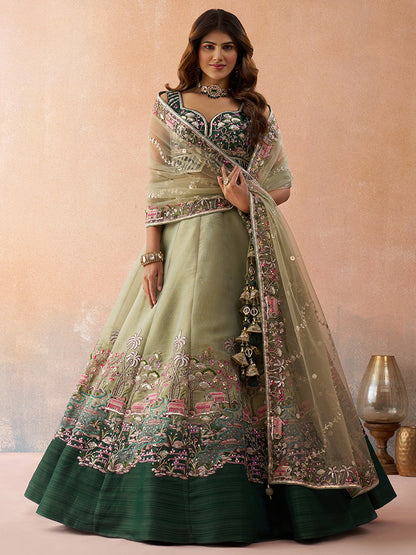 Green- Net Sequins Embroidered Omber Green and LimeGreen Semi-Stitched Lehenga choli & Dupatta