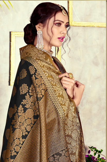Dhiyona GR Women's Black Diamond Crow Black Zari Woven Design Cotton Blend Saree