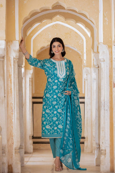 Indyancart VR Women's Blue Printed Round Neck Straight Kurta With Bottom And Dupatta